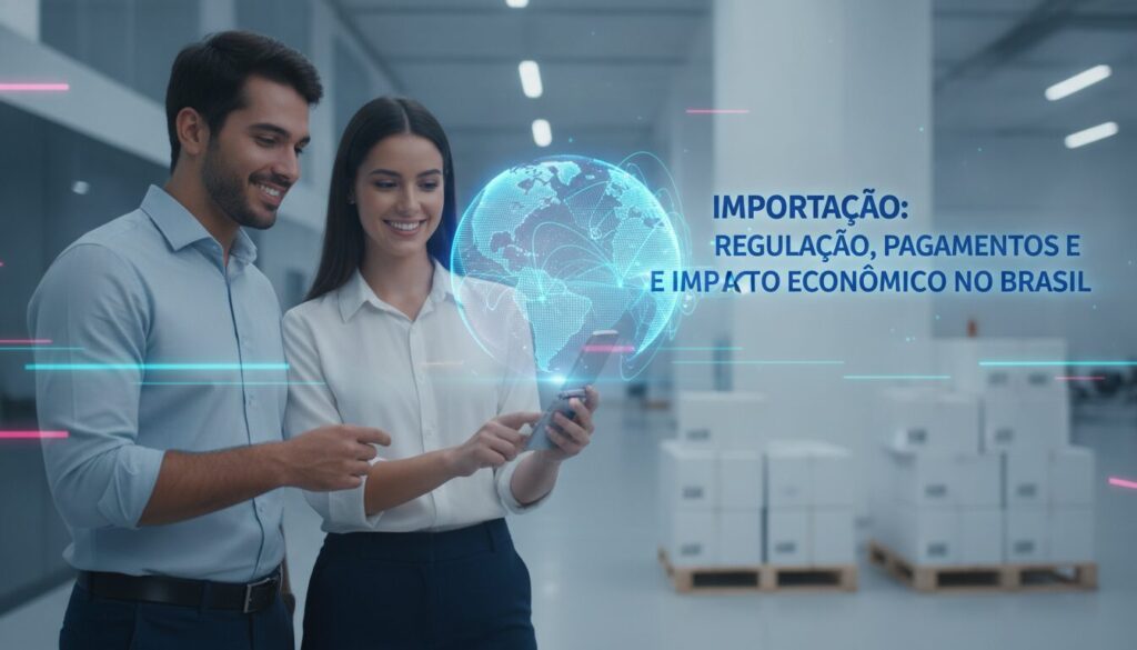 Executivo meio-corpo em ambiente fintech moderno orientando sobre importação com grafismos sutis