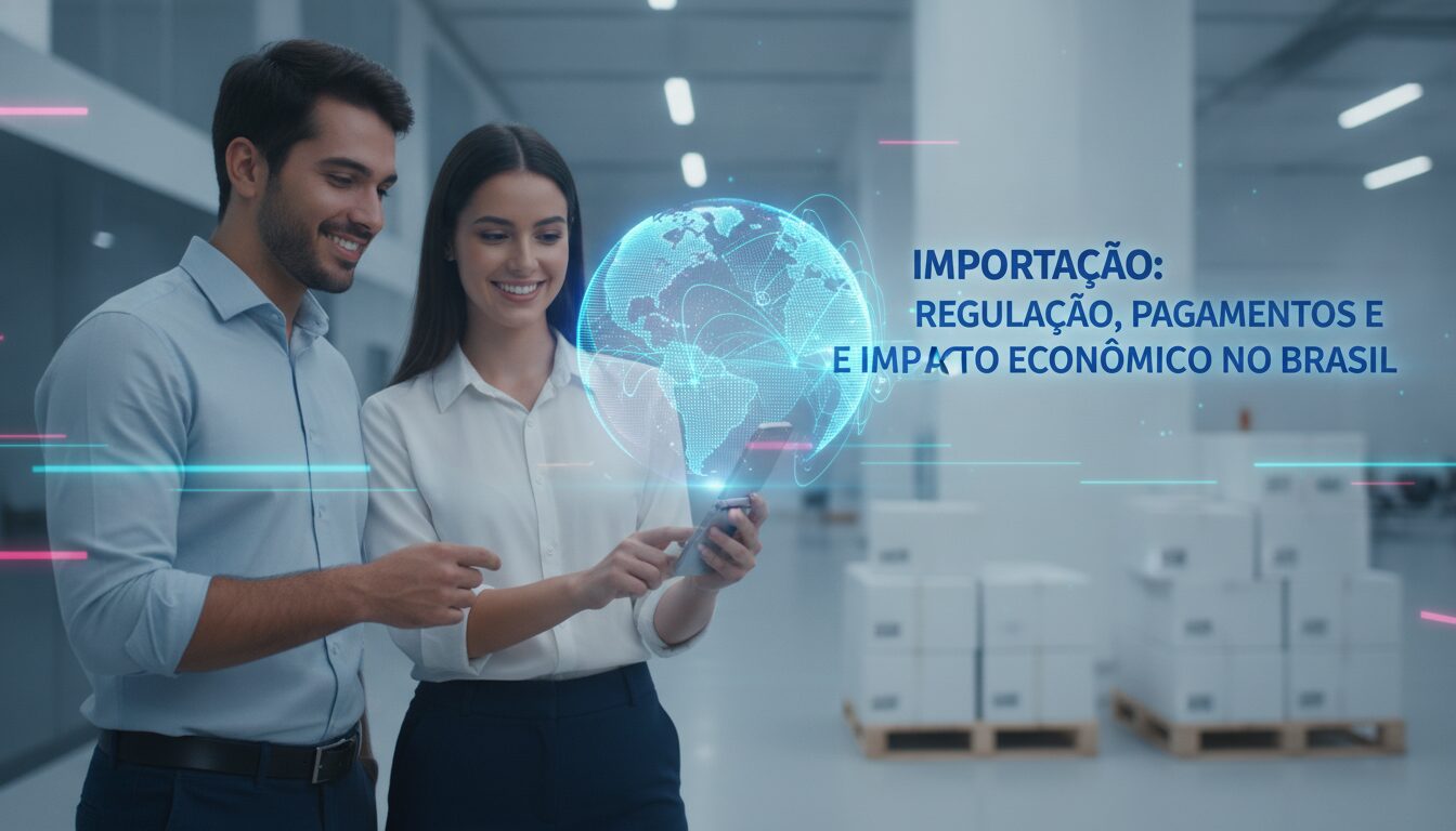 Executivo meio-corpo em ambiente fintech moderno orientando sobre importação com grafismos sutis