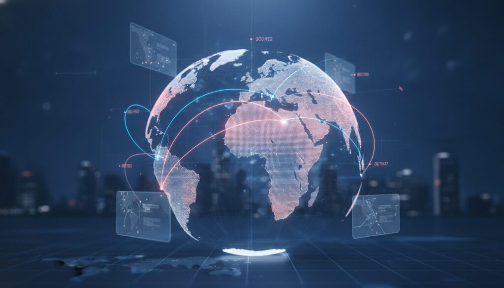 Executiva orientando sobre Importação Açai em ambiente fintech, meio-corpo com overlay gráfico discreto e fundo tecnológico azul suave