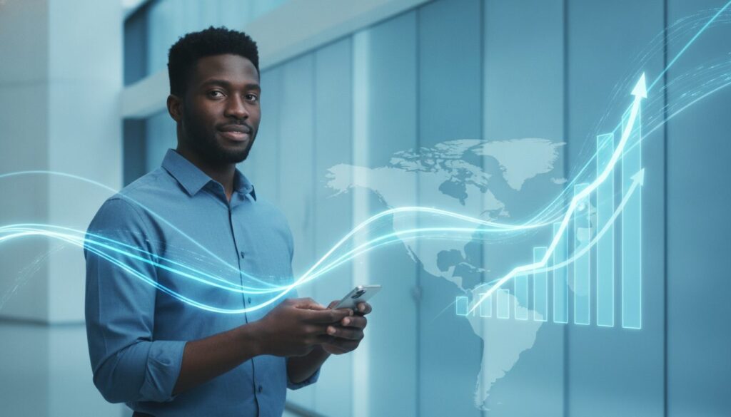 Investidor negro meio-corpo interagindo com smartphone que projeta ondas sonoras holográficas e interface sobre visto EB-5