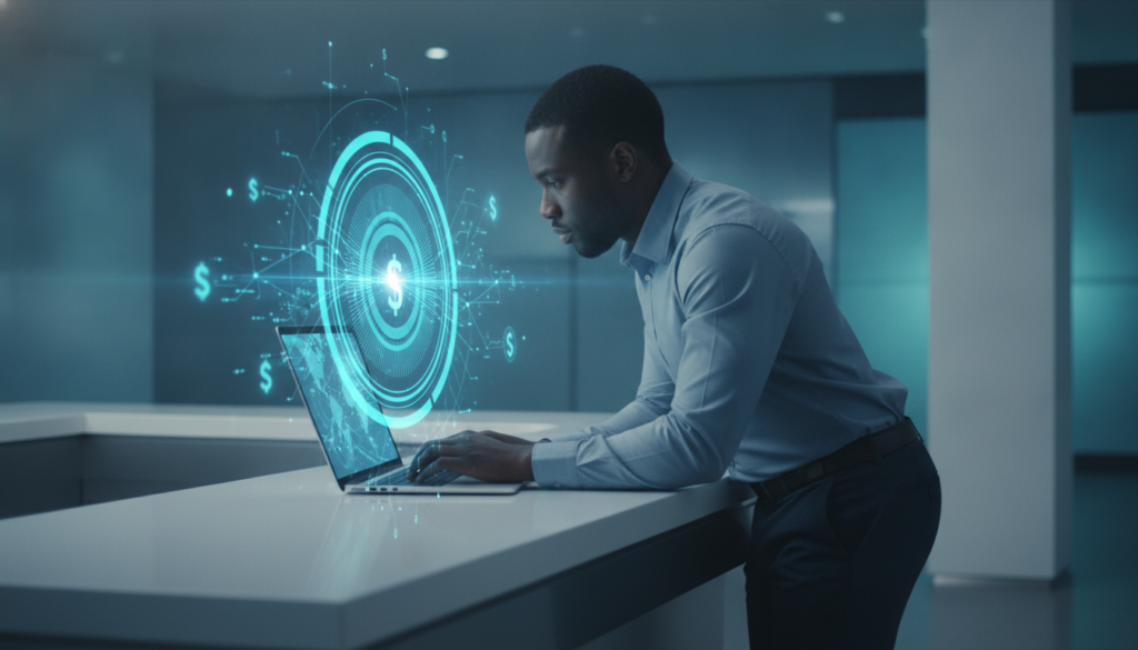 Profissional negro em plano médio interage com ultrabook e íris ótica holográfica que sugere interface de conta em dólar