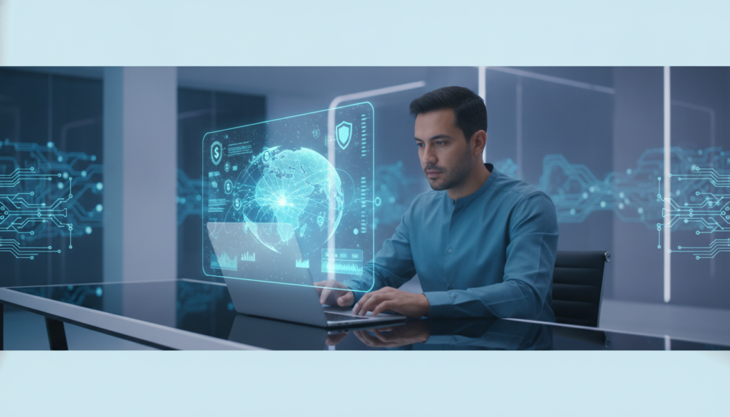 Profissional latino em bancada interagindo com ultrabook e holograma financeiro azul-ciano que simboliza receber dinheiro do exterior