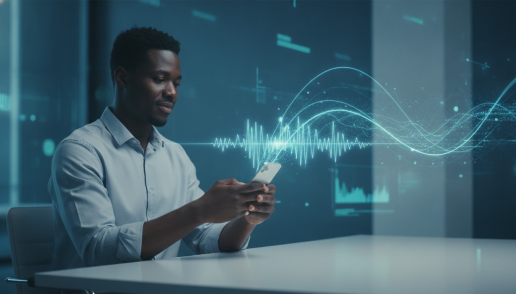 Profissional negro em plano médio usando smartphone com holograma de ondas sonoras representando transferências e código IBAN