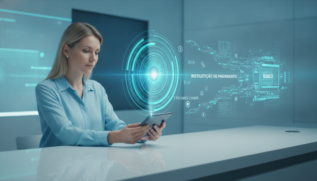 Profissional interage com celular fold e íris ótica holográfica destacando diferença entre instituição de pagamento e banco