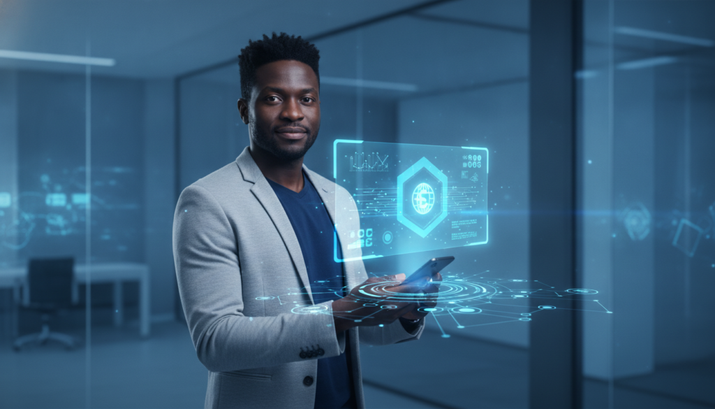 Profissional morena em plano médio segurando smartphone que projeta holograma financeiro azul-ciano simbolizando instituição de pagamento digital