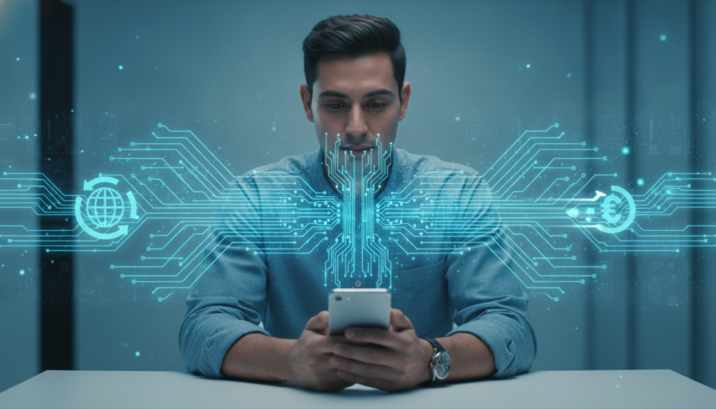 Profissional latino com celular e trilhas de circuito azul-ciano mostrando diferença entre corretora de câmbio e fintech de câmbio