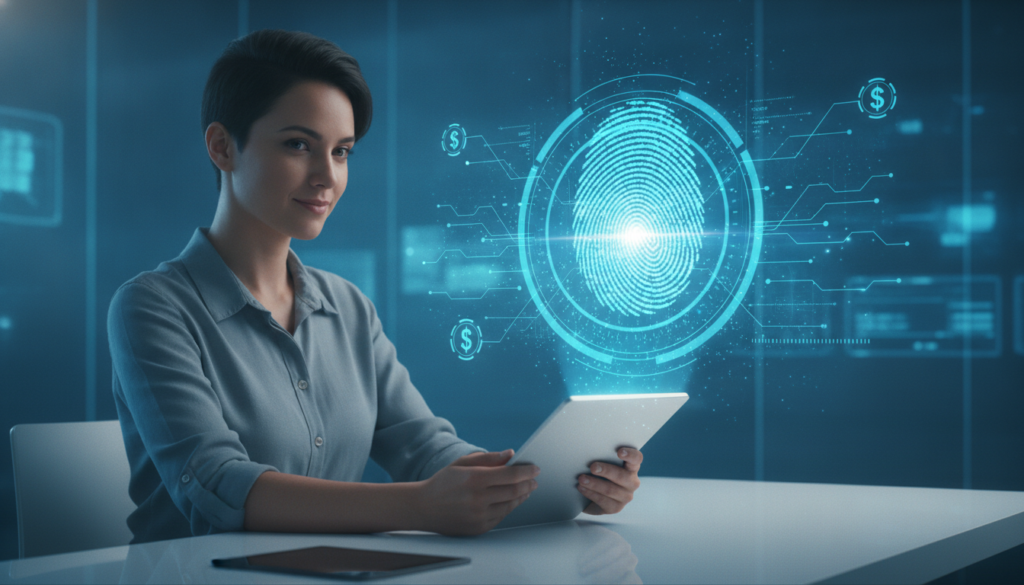 Profissional interagindo com tablet e impressão digital holográfica representando fintech cambial e segurança em operações de câmbio