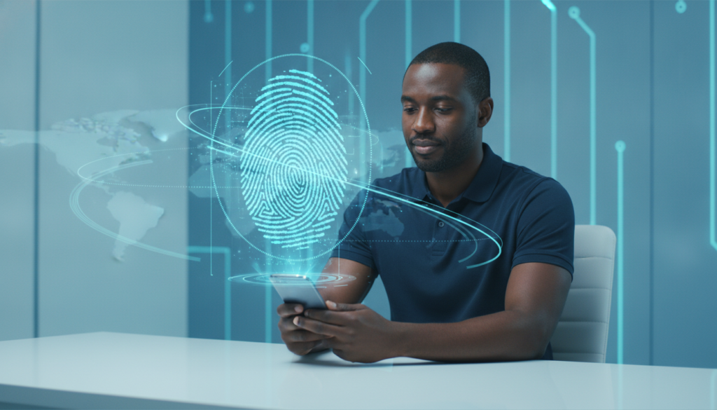 Profissional negro segurando celular com impressão digital holográfica e interface de remessas internacionais, trabalho remoto