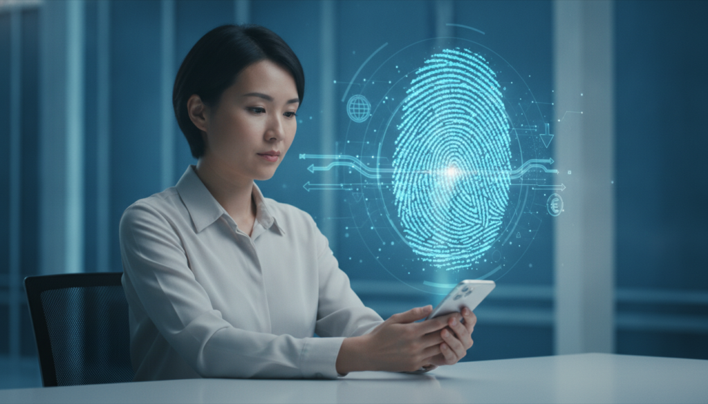 Viajante japonês gerenciando finanças no smartphone com impressão digital holográfica e símbolos de câmbio — verão europeu