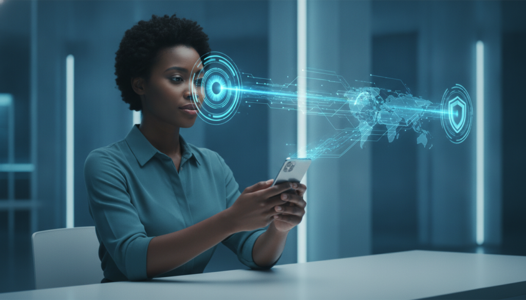 Profissional negra segurando celular com íris ótica holográfica simbolizando IOF conta internacional e fluxo de remessas