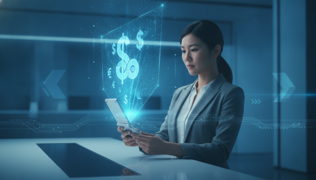 Profissional japonesa com celular flip projetando holograma financeiro sobre bancada, conceito de conta bancária nos EUA