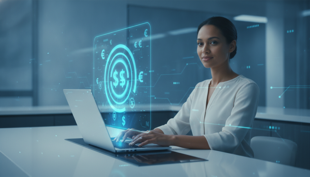 Profissional morena interagindo com ultrabook e holograma financeiro azul-ciano representando agente autônomo de câmbio
