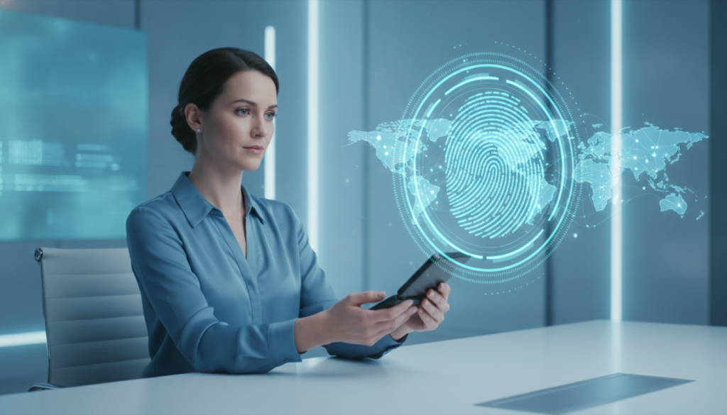 Profissional com celular flip e impressão digital holográfica simbolizando tributação de dividendos no exterior