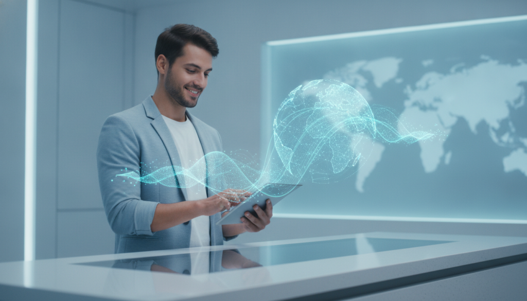 Profissional interagindo com tablet enquanto ondas sonoras holográficas conectam fluxo internacional para receber dinheiro do exterior