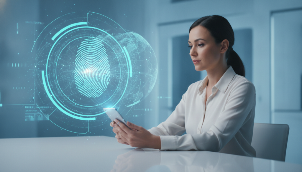 Profissional interagindo com smartphone e impressão digital holográfica representando reunião do Copom e impacto no câmbio