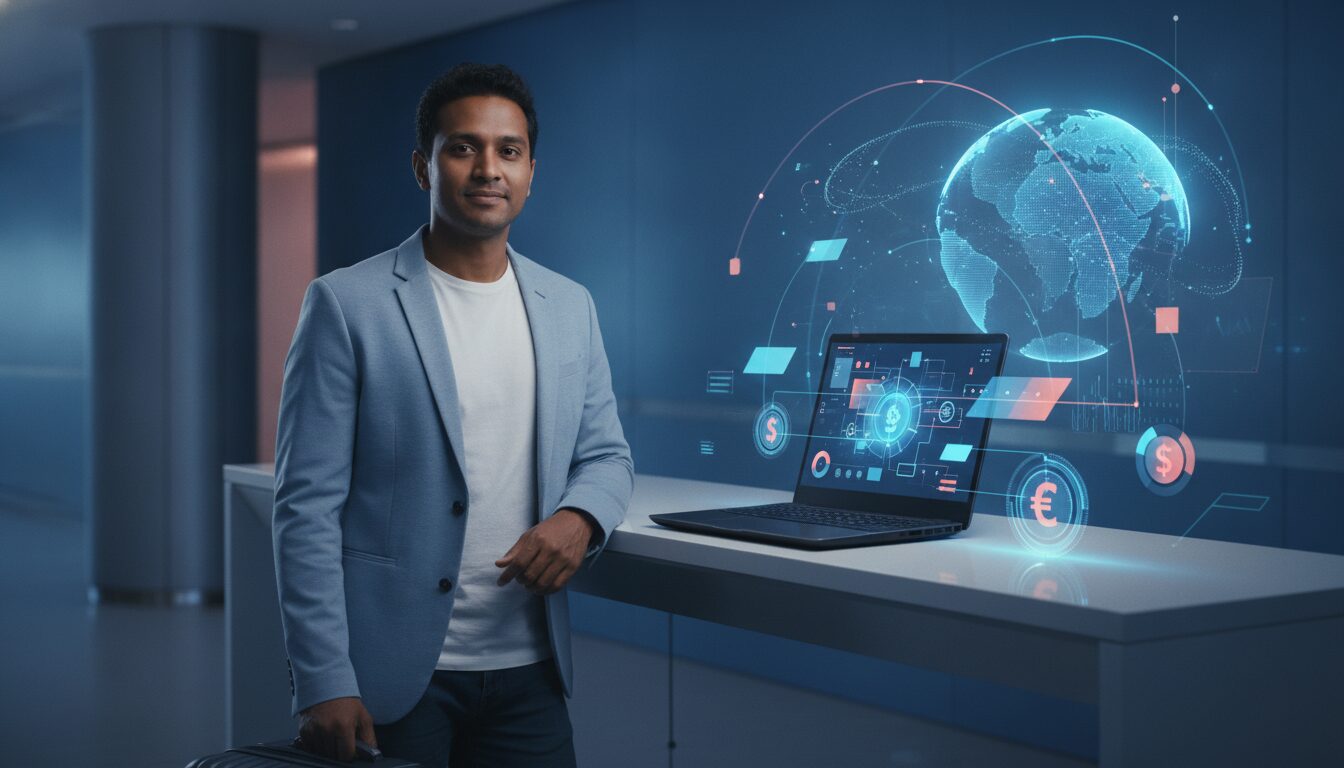 Regulamentação Bacen Em Atendimento Corporativo Fintech Executivo orientando cliente em ambiente fintech com elementos gráficos sutis sobre regulamentação Bacen