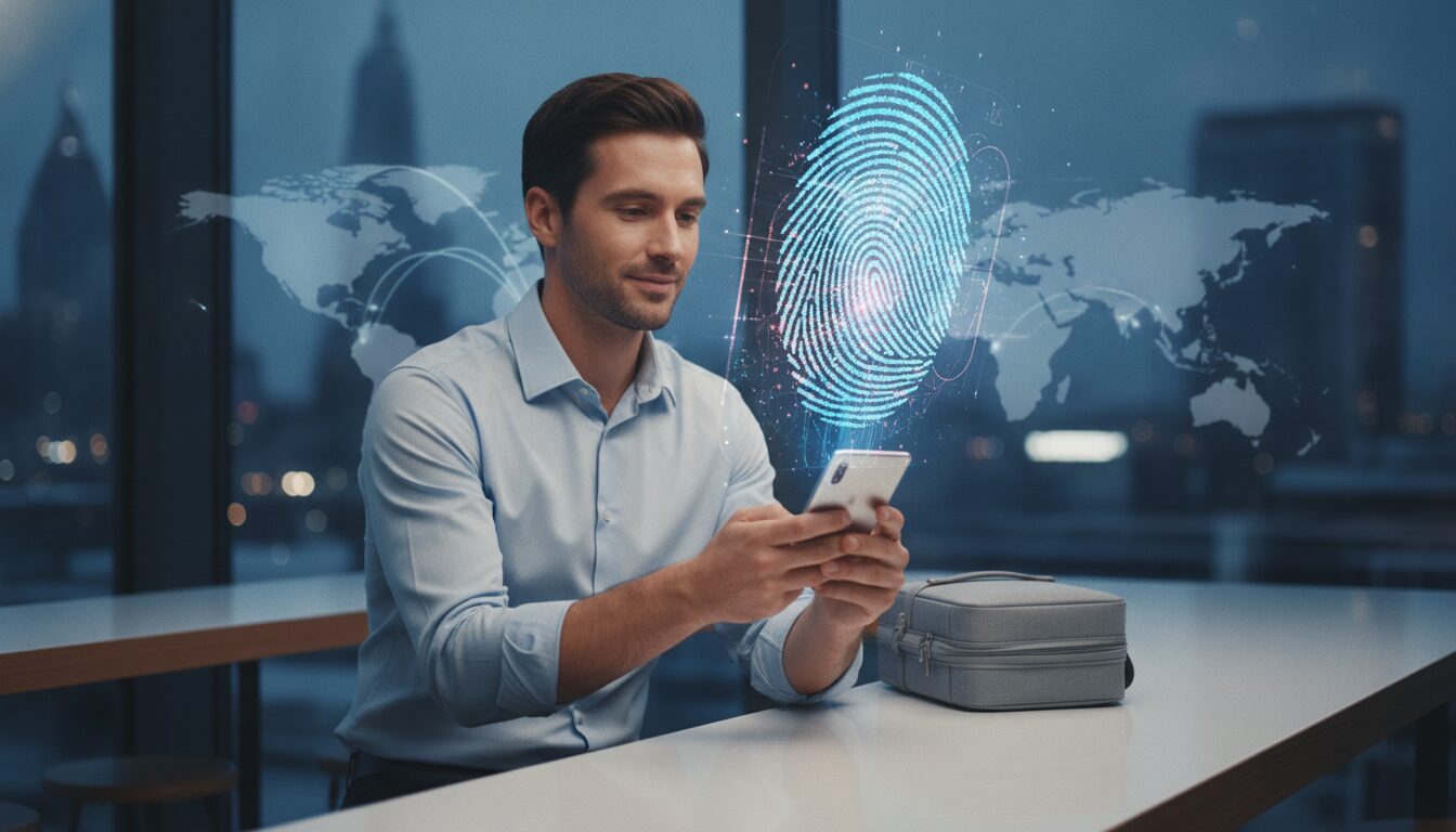 Executivo orientando cliente em ambiente fintech com elementos gráficos sutis sobre custo de vida Coreia do Sul