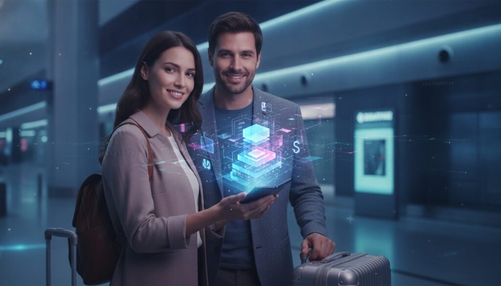 Executivo orientando cliente em ambiente fintech tecnológico, com elementos gráficos sutis sobre custo de vida China