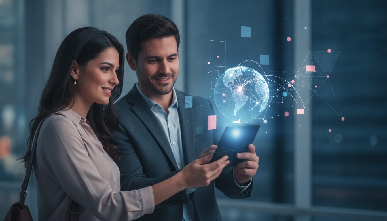 Atendimento Corporativo Para Turismo Internacional Paraguai Em Fintech Executivo orientando cliente em ambiente fintech moderno sobre Turismo Internacional Paraguai