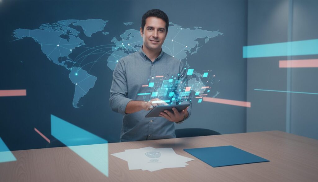 Executivo orientando cliente em ambiente fintech corporativo, com grafismos sutis que ilustram operações de Importação Mamão