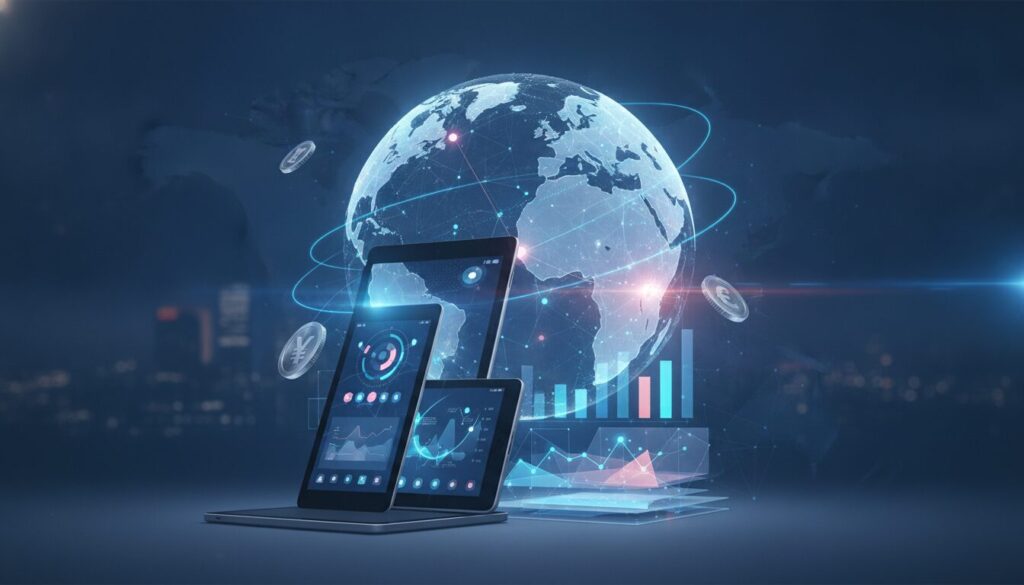 Executivo orientando cliente sobre conta internacional em ambiente fintech com grafismos sutis e visual tecnológico