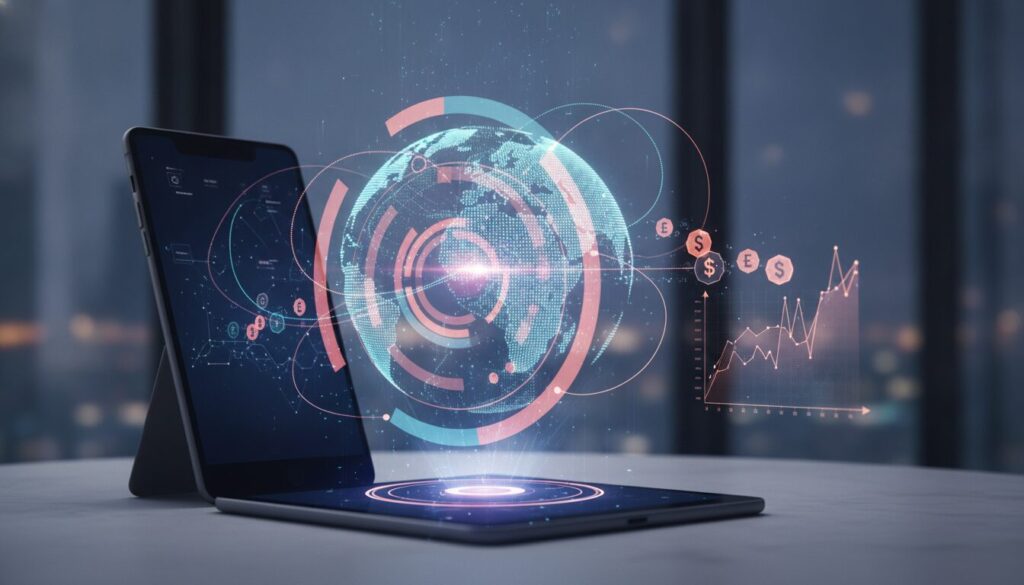 Profissional em meio-corpo em ambiente fintech com grafismos sutis, ilustrando Custo de Vida Espanha