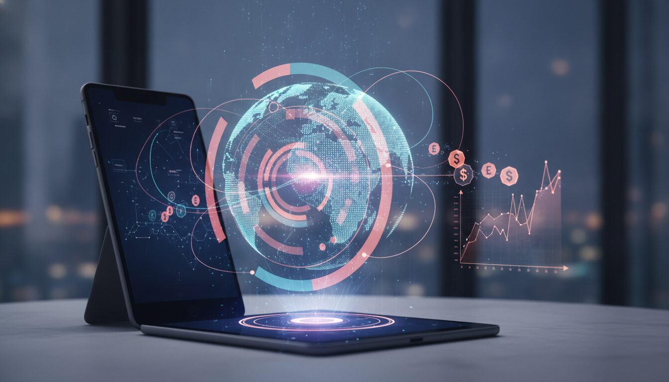 Custo De Vida Espanha Em Ambiente Fintech Corporativo Profissional em meio-corpo em ambiente fintech com grafismos sutis, ilustrando Custo de Vida Espanha