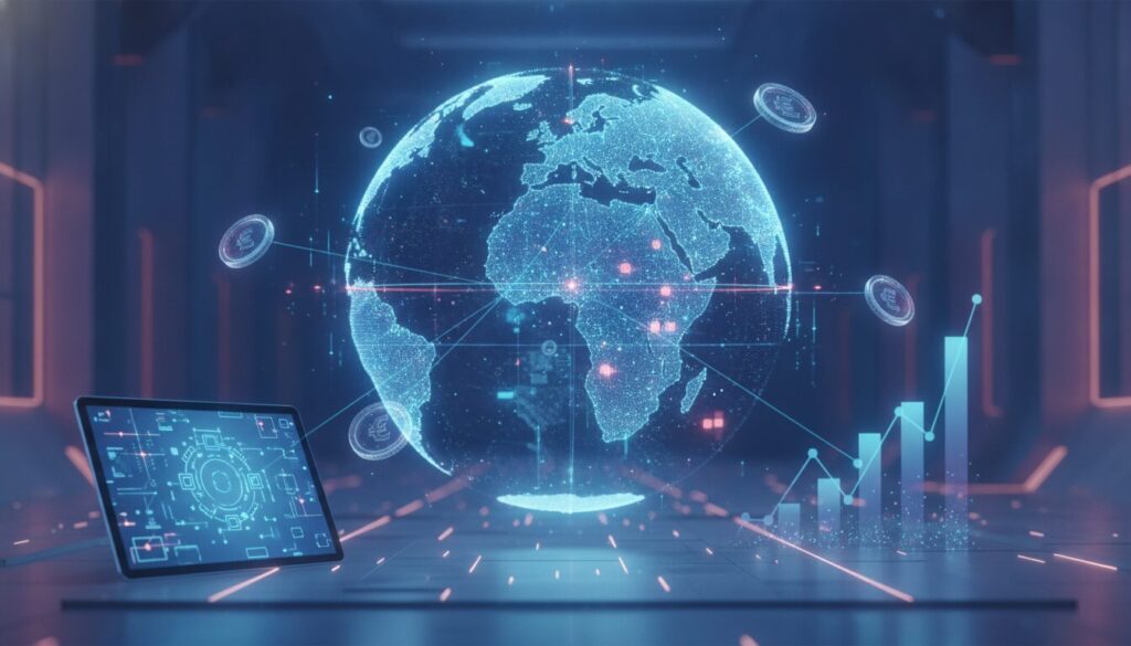 Executivo orientando cliente em cenário fintech moderno com grafismos sutis sobre Turismo Internacional México