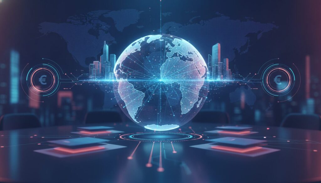 Executivo em meio-corpo orientando cliente em ambiente fintech com grafismos sutis, foco em Exportação Mamão