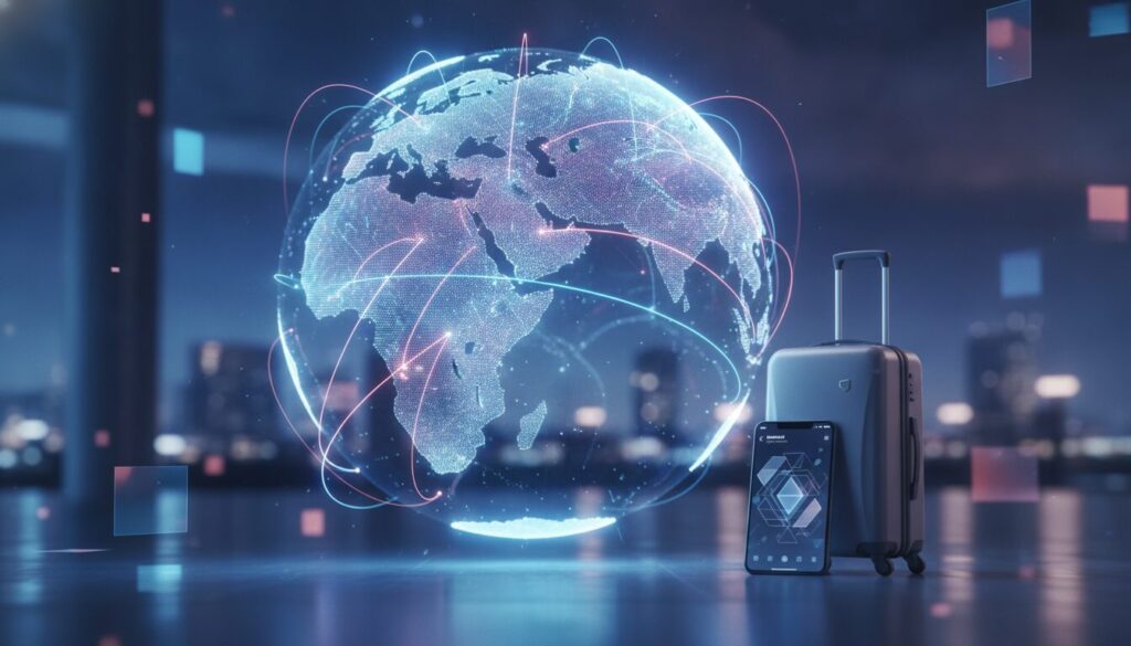 Executivo em meio-corpo em ambiente fintech, fundo tecnológico azul-claro com grafismos sutis, conceito Custo de Vida Portugal