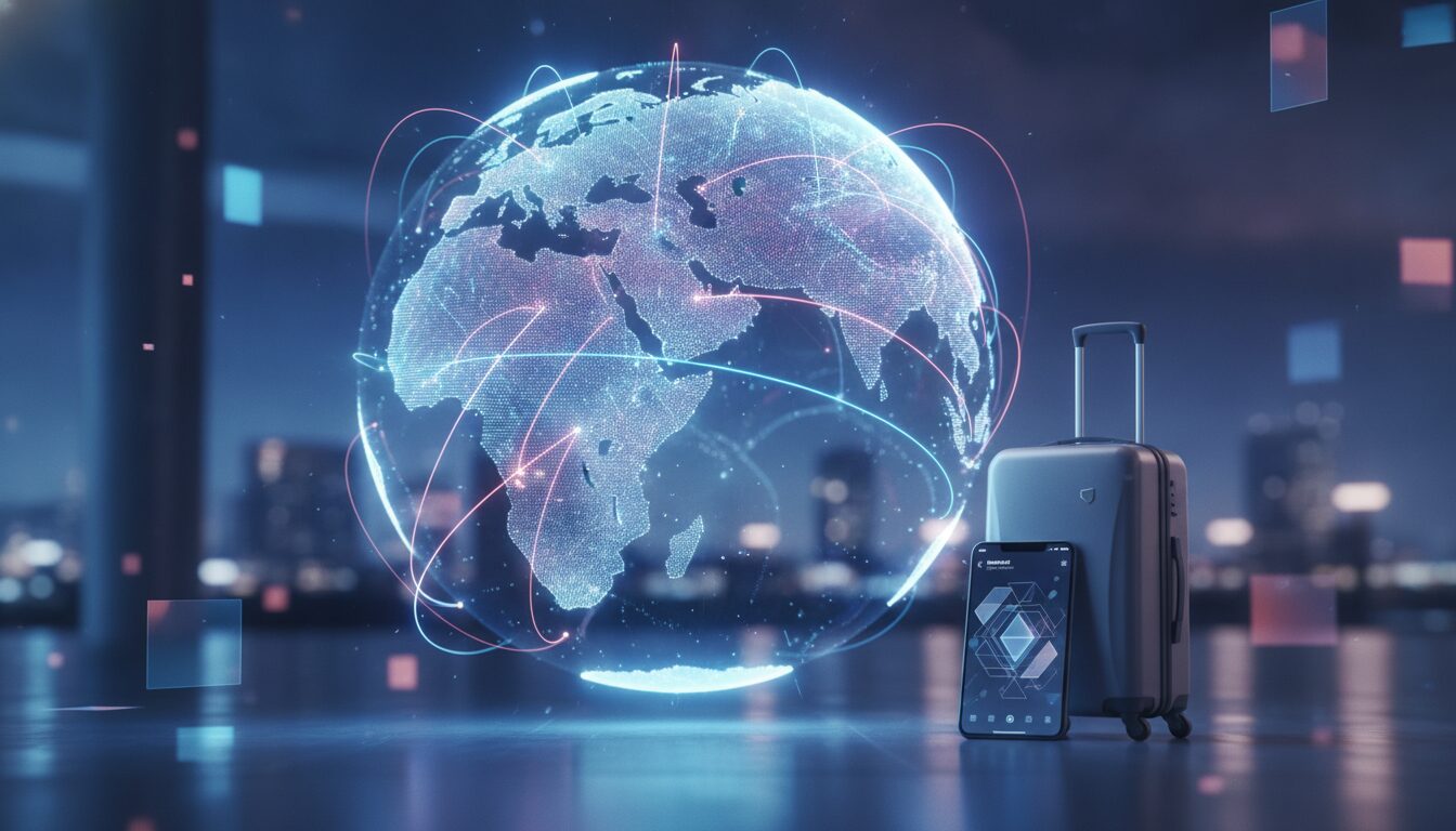 Executivo em meio-corpo em ambiente fintech, fundo tecnológico azul-claro com grafismos sutis, conceito Custo de Vida Portugal