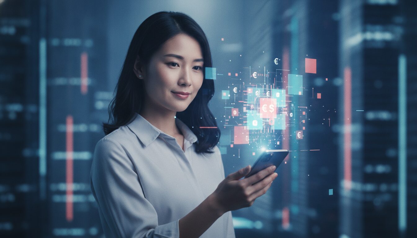 Executivo orientando cliente em ambiente fintech corporativo, com grafismos sutis e foco em Turismo Internacional Panamá