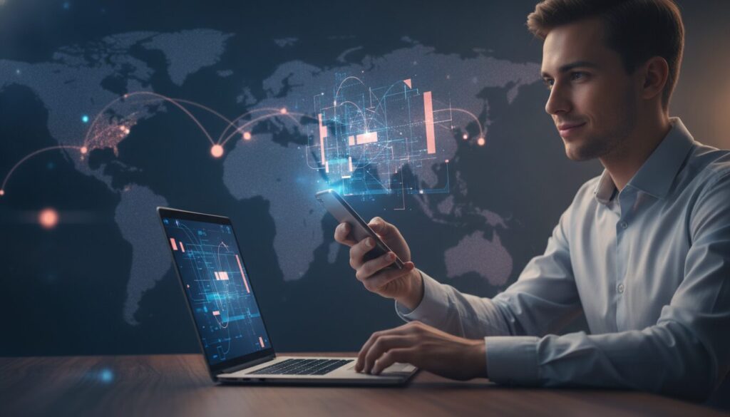 Executiva orientando cliente em ambiente fintech corporativo com grafismos tecnológicos sutis, plano médio, visual limpo e profissional