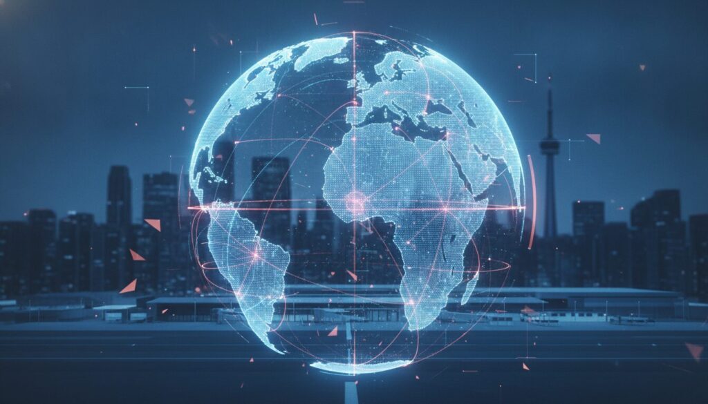 Profissional orientando cliente em ambiente fintech tecnológico com paleta azul, tema Turismo Internacional Canadá