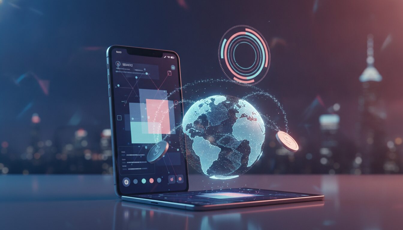 Meio-corpo de profissional em ambiente fintech explicando aspectos do custo de vida Argentina, fundo tecnológico azul e grafismos sutis