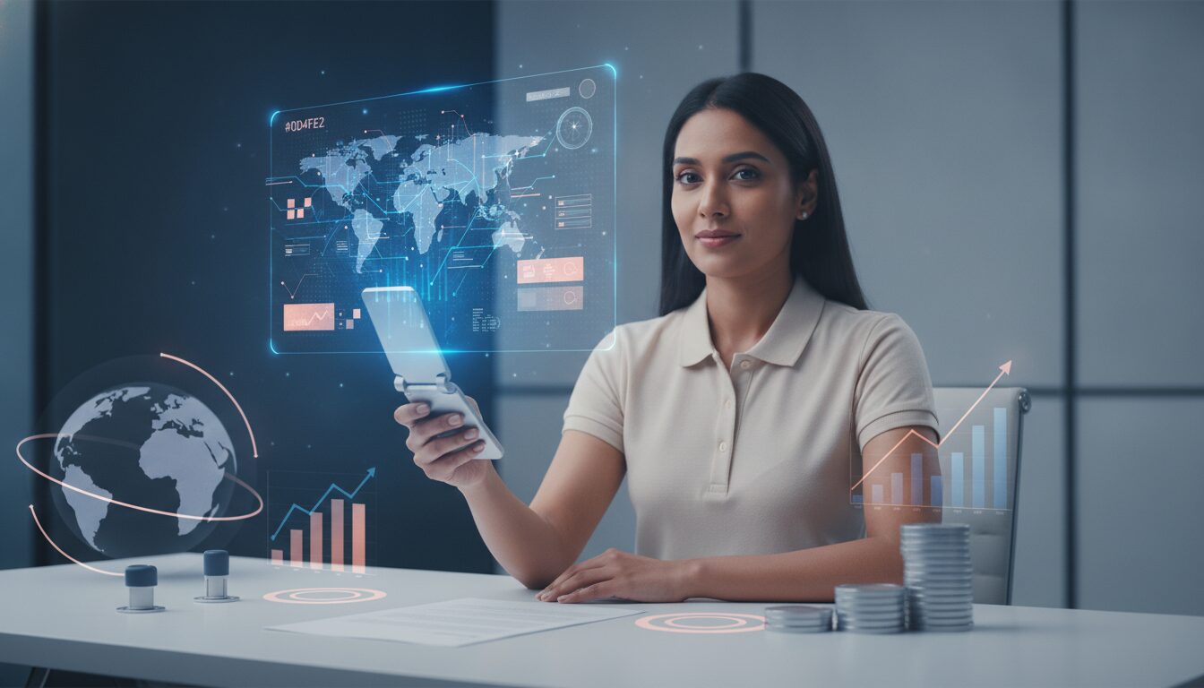 Executivo meio-corpo orientando cliente em ambiente fintech com grafismo sutil e paleta azul, contexto Banco Keb Hana Do Brasil S.A.
