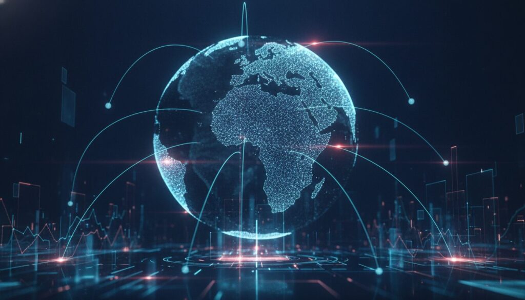 Consultor financeiro em meio-corpo num cenário fintech moderno, orientando sobre turismo internacional Espanha com elementos gráficos sutis