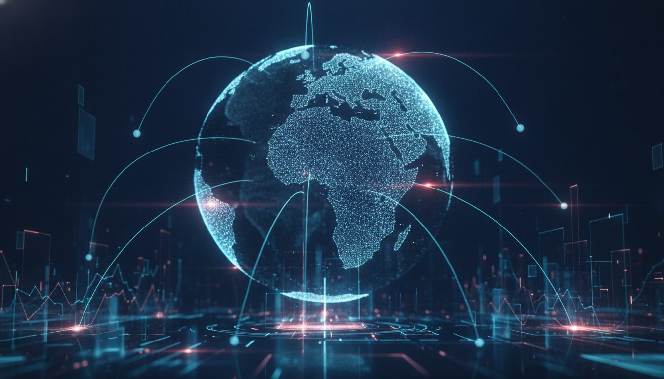 Orientação Financeira Para Turismo Internacional Espanha Consultor financeiro em meio-corpo num cenário fintech moderno, orientando sobre turismo internacional Espanha com elementos gráficos sutis