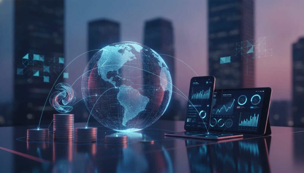 Executiva em meio-corpo orientando sobre operações de remessa internacional, com grafismos digitais sutis que remetem à Lei Cambial