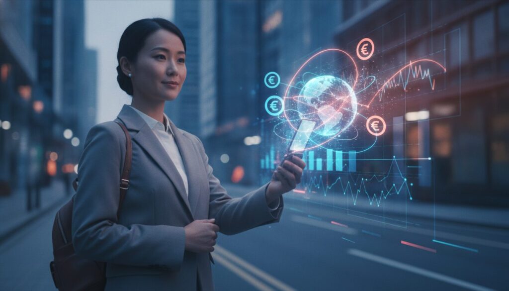 Executivo orientando cliente em ambiente fintech com grafismos sutis representando operações e contexto de Lei Cambial