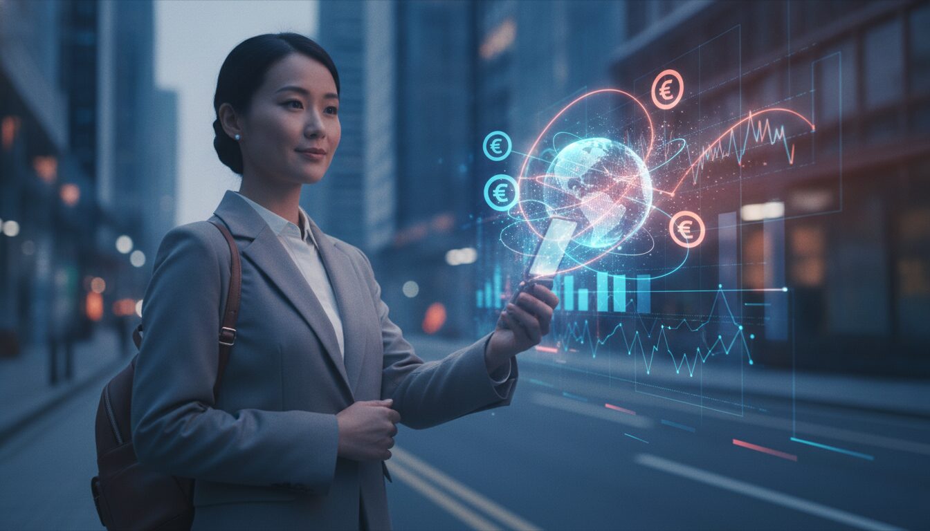 Executivo orientando cliente em ambiente fintech com grafismos sutis representando operações e contexto de Lei Cambial