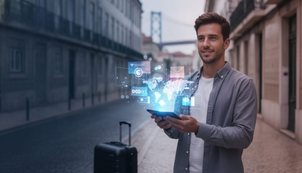 Executivo orientando cliente em fintech com elementos tecnológicos e grafismos, tema Turismo Internacional Portugal