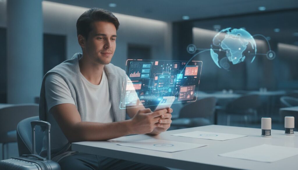 Executivo em meio-corpo orientando cliente com elementos gráficos sutis sobre marco cambial em cenário fintech moderno