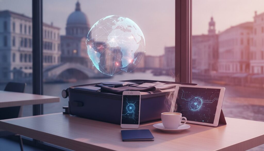 Executivo orientando cliente em ambiente fintech sobre Turismo Internacional Itália, fundo tecnológico e paleta azul