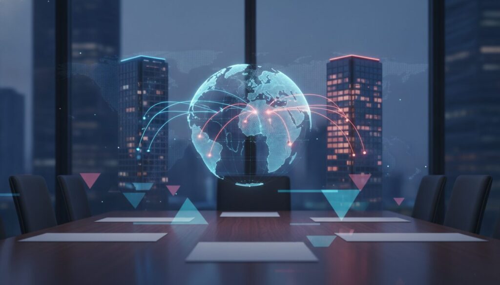 Executivo orientando cliente em ambiente fintech, conceito de Exportação Laranja.
