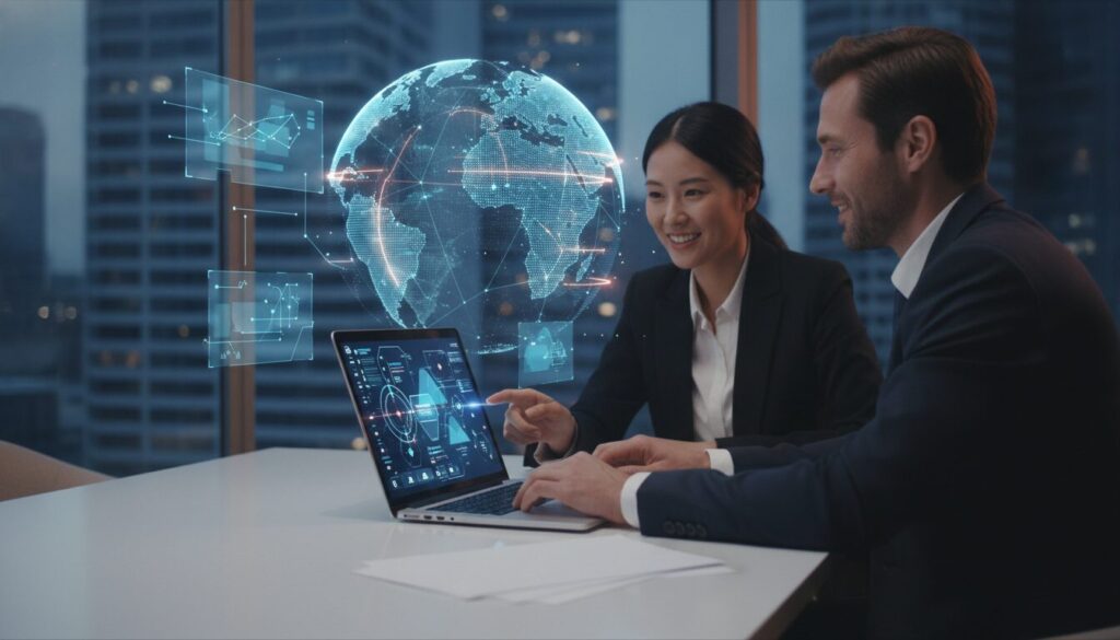 Executivo orientando cliente em ambiente fintech com elementos gráficos sutis sobre Novo Marco Cambial