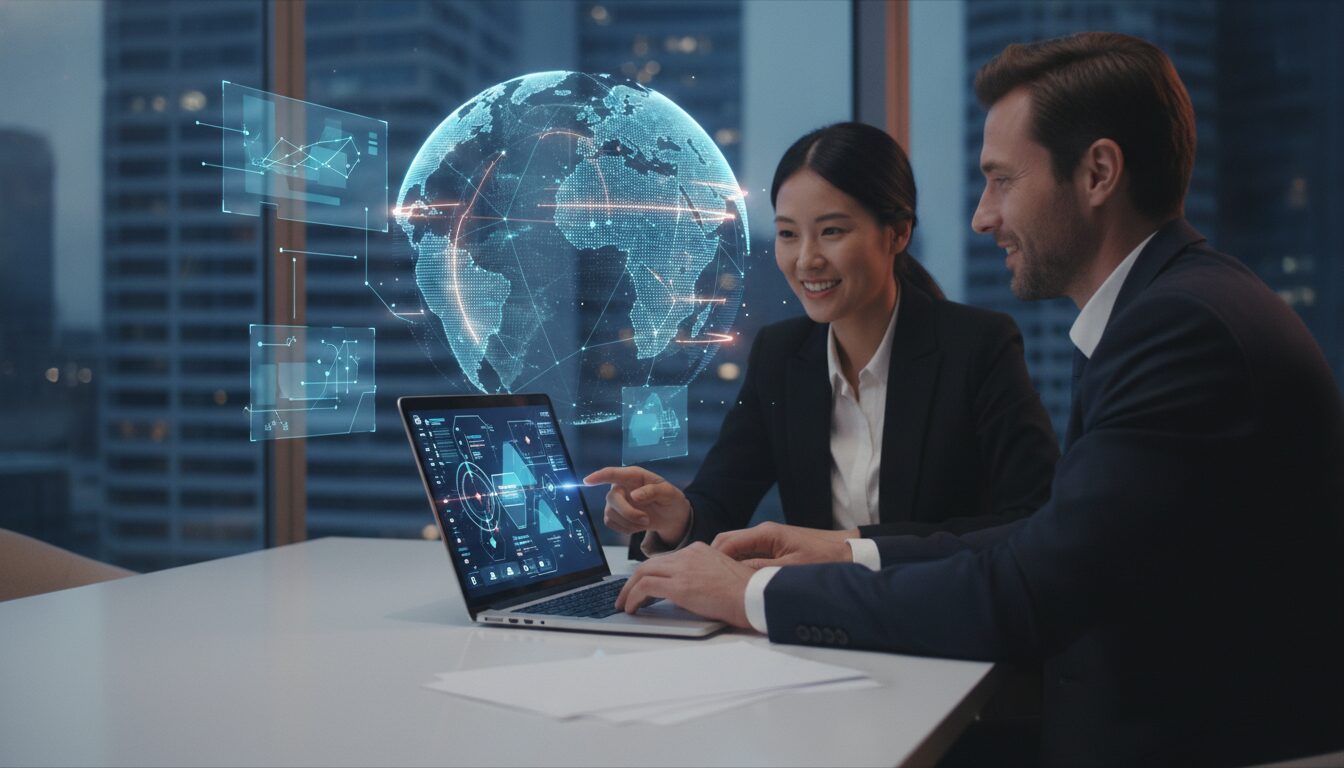 Executivo orientando cliente em ambiente fintech com elementos gráficos sutis sobre Novo Marco Cambial
