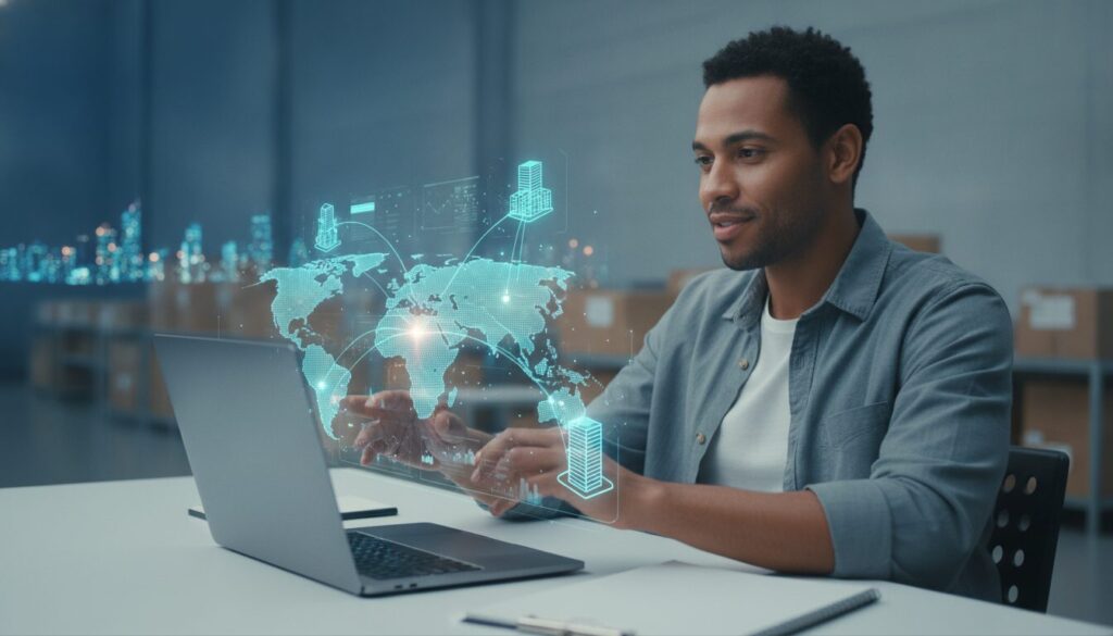 Executiva orientando cliente em cenário fintech azul, com grafismos sutis representando operações de câmbio para exportação cana