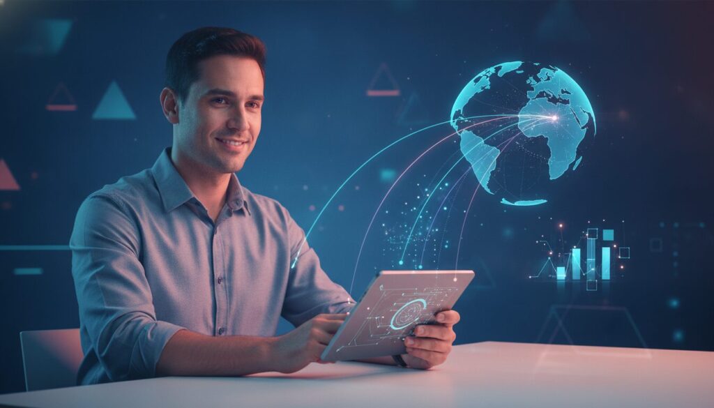 Profissional em meio-corpo orientando cliente com overlay discreto e fundo corporativo tecnológico, tema remessa câmbio