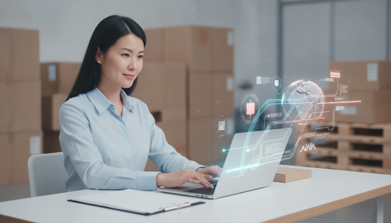 Profissional em meio-corpo em fintech explicando remessas e operações cambiais com grafismos sutis sobre Exportação Cana